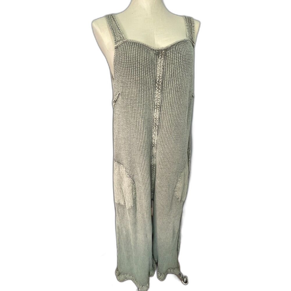 FP One Free People Callie Thermal Stripe Knit Jumpsuit Medium Olive Grey Overall